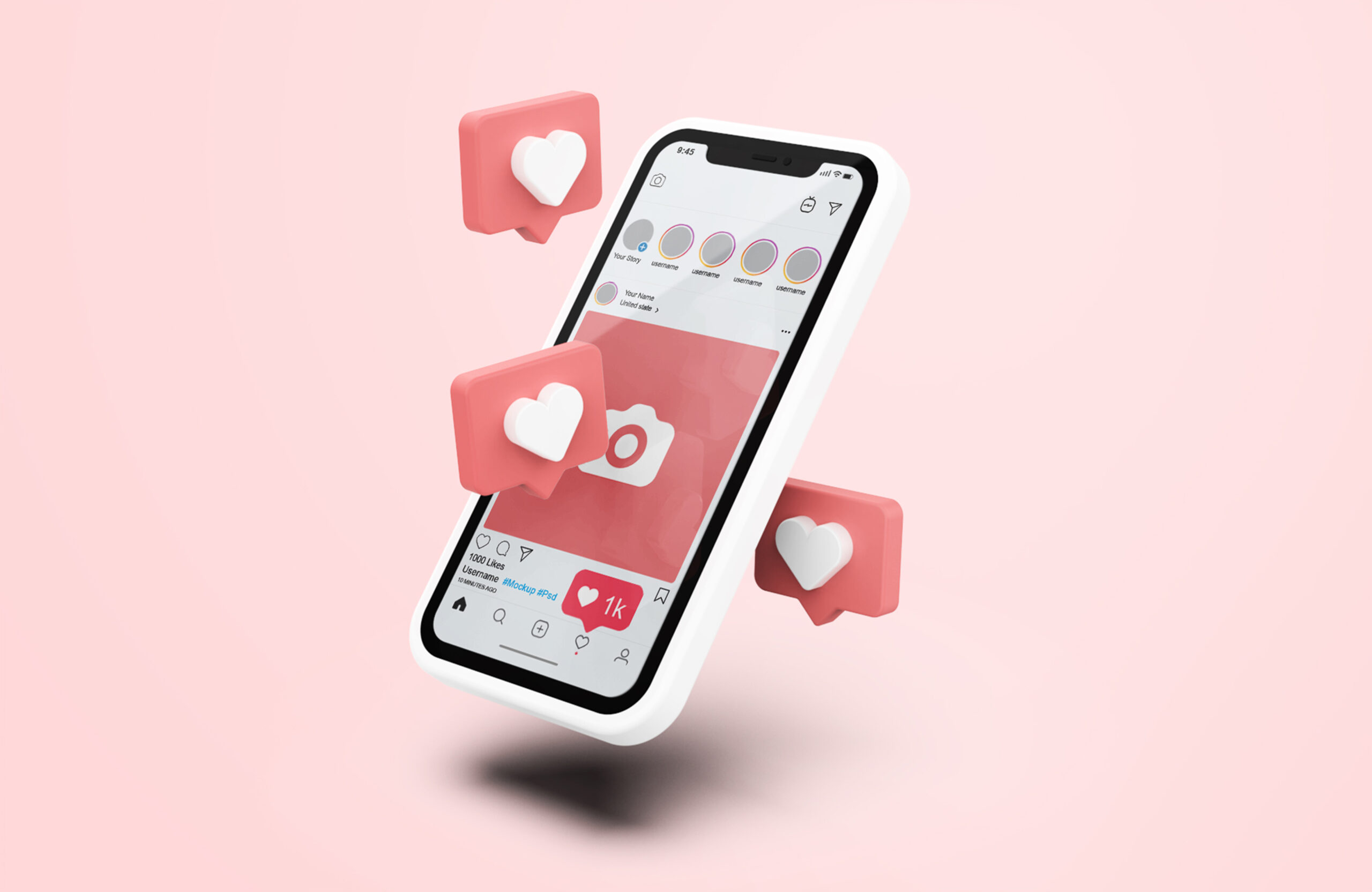 Instagram on White Mobile Phone Mockup with 3d icons